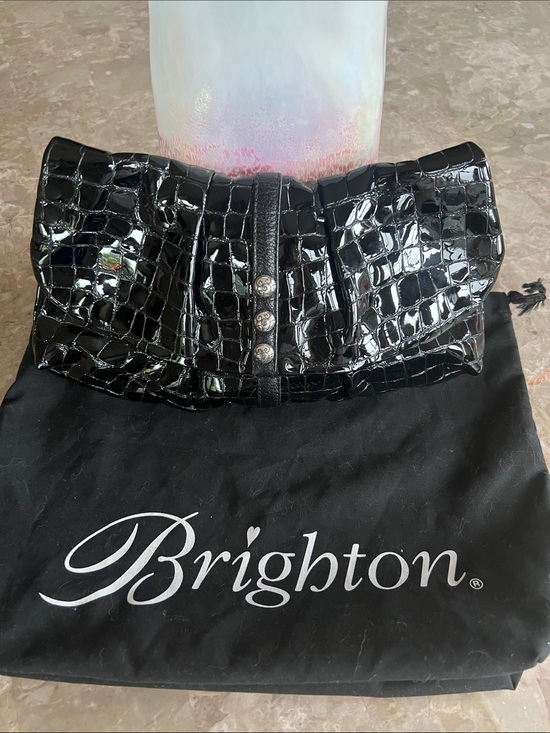Brighton Handbags - Brighton Black Croc-Embossed Patent Clutch/Crossbody with Silver Accents